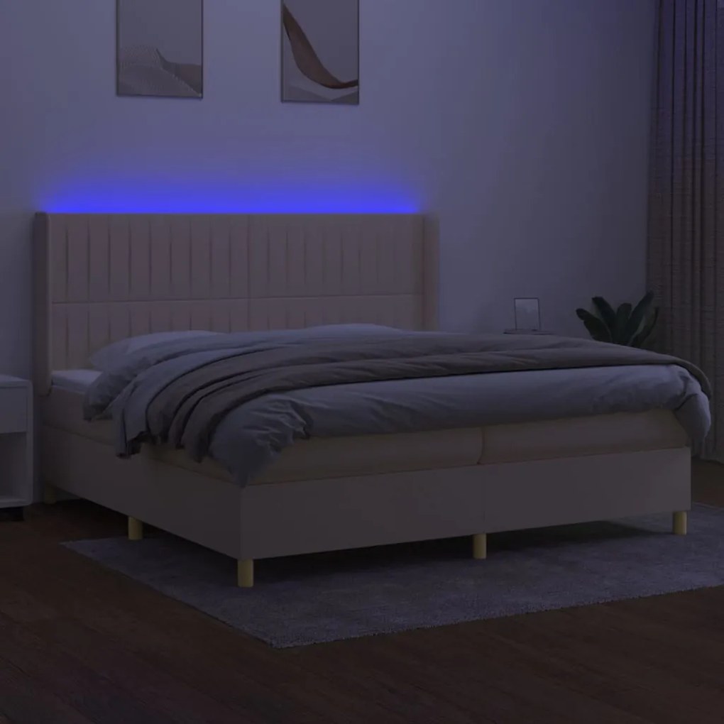 Cama box spring c/ colchão e LED 200x200 cm tecido cor creme