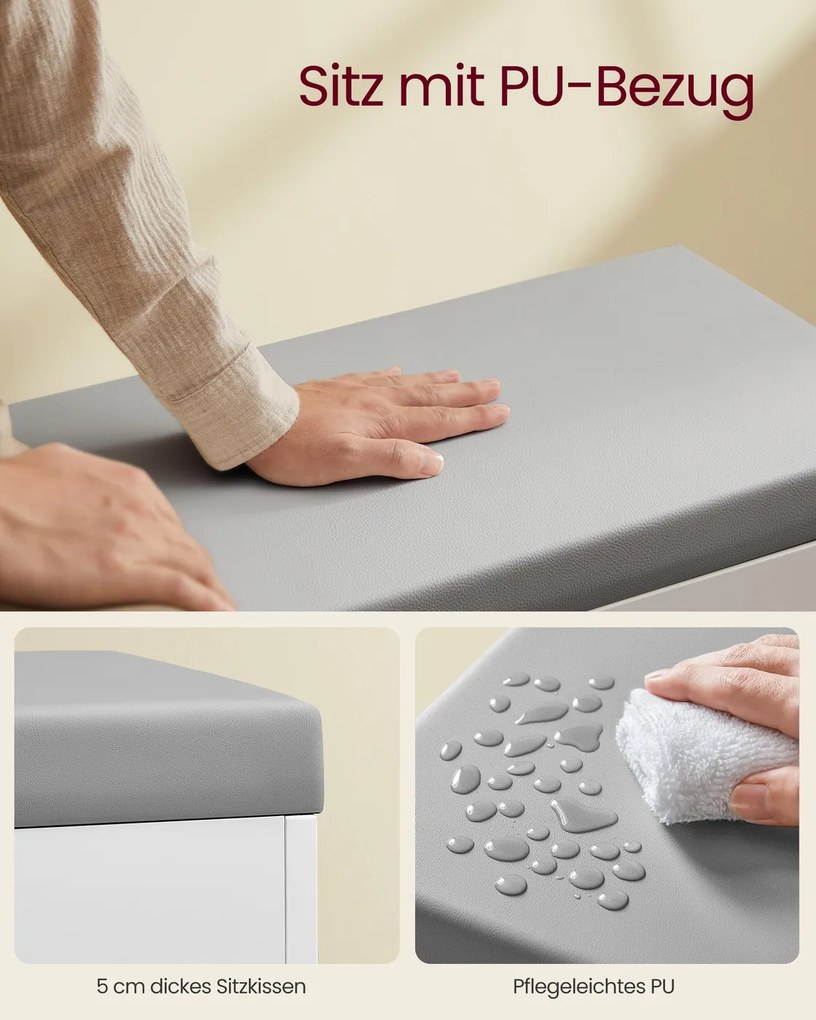 Sapateira 30 x 80 x 44 cm com almofada acolchoada e 3 níveis, branco e cinza