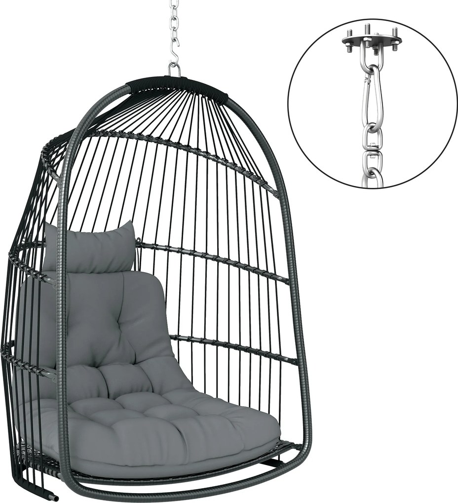 Outsunny Cadeira suspensa Cesto com Almofada Polyrattan Balanço Outdoor Indoor Dobrável Suporta até 150kg Cinza Escuro | Aosom Portugal