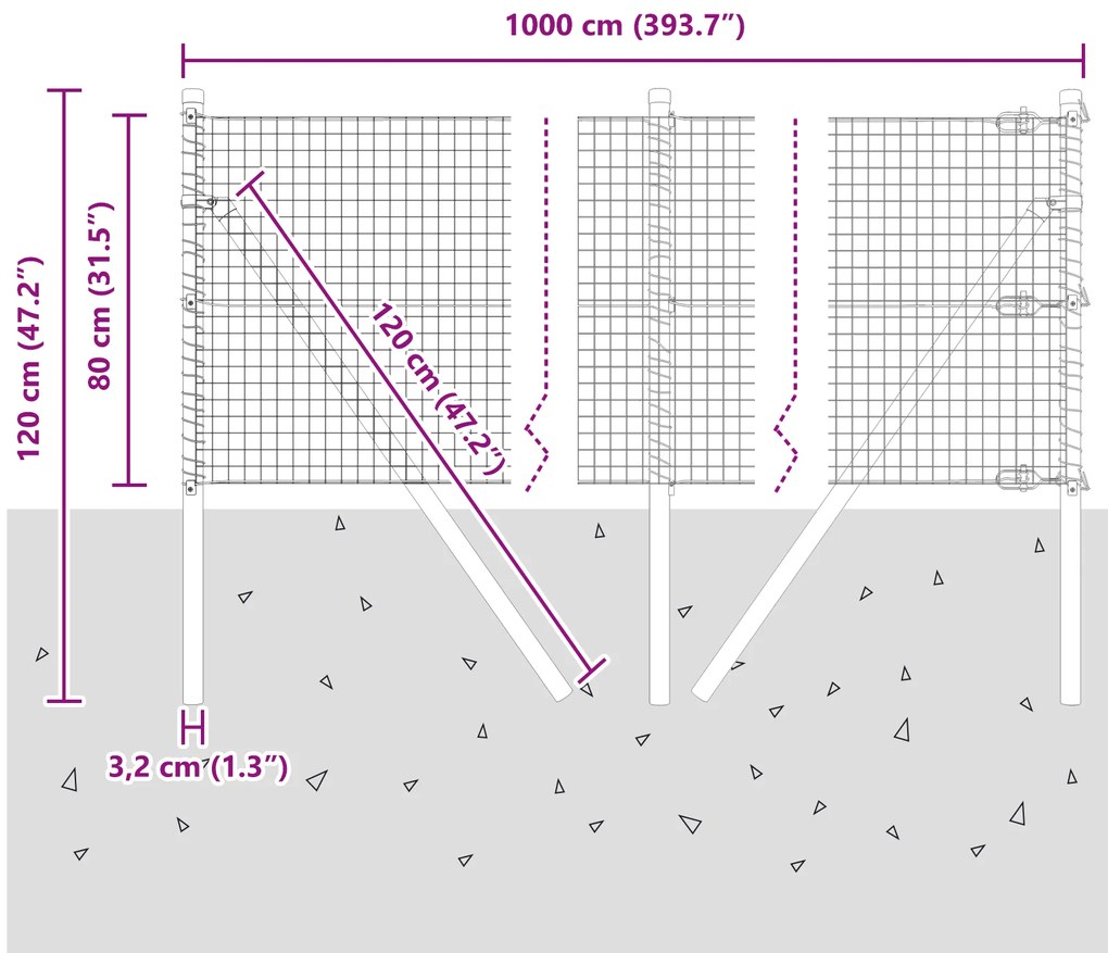 Cerca de Arame Soldado com 7 Postes Cinza 0.8x10 m de Aço