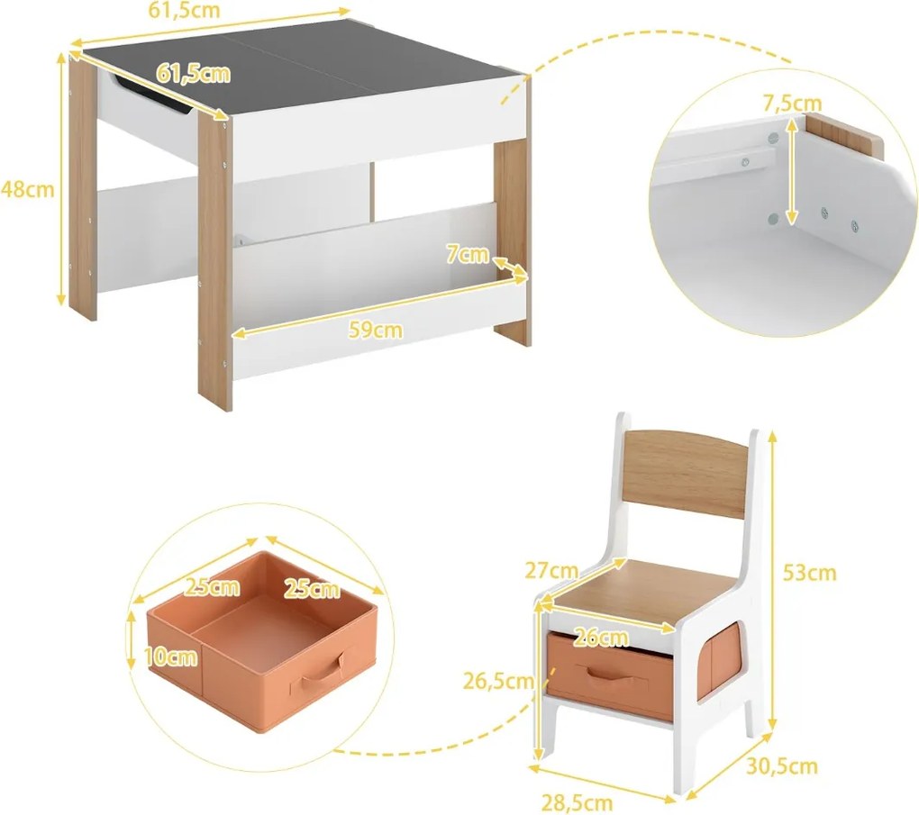 Conjunto de mesa e cadeira para crianças 4 em 1 Mesa de atividades para crianças com painéis dupla face e prateleiras laterais 2 cadeiras Natural