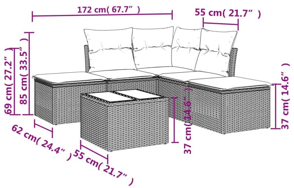 6 pcs conjunto sofás de jardim c/ almofadões vime PE preto