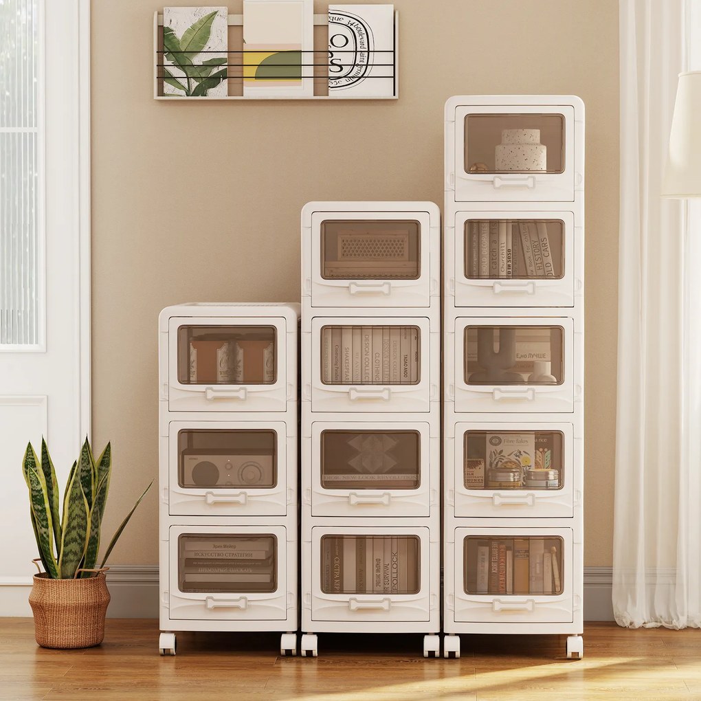 Carrinho de Arrumação com 4 Gavetas, 42 x 28 x 91,5 cm, Rodas com Travão, Branco