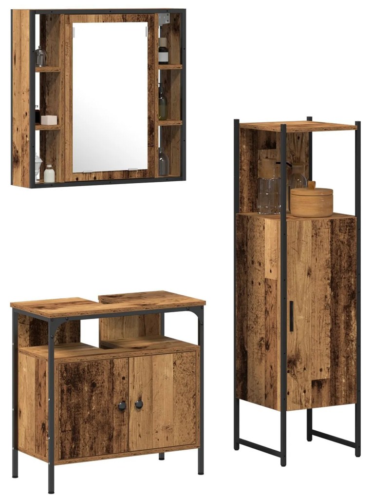 Conjunto de Móveis para Casa de Banho 3 Peças Madeira Velha