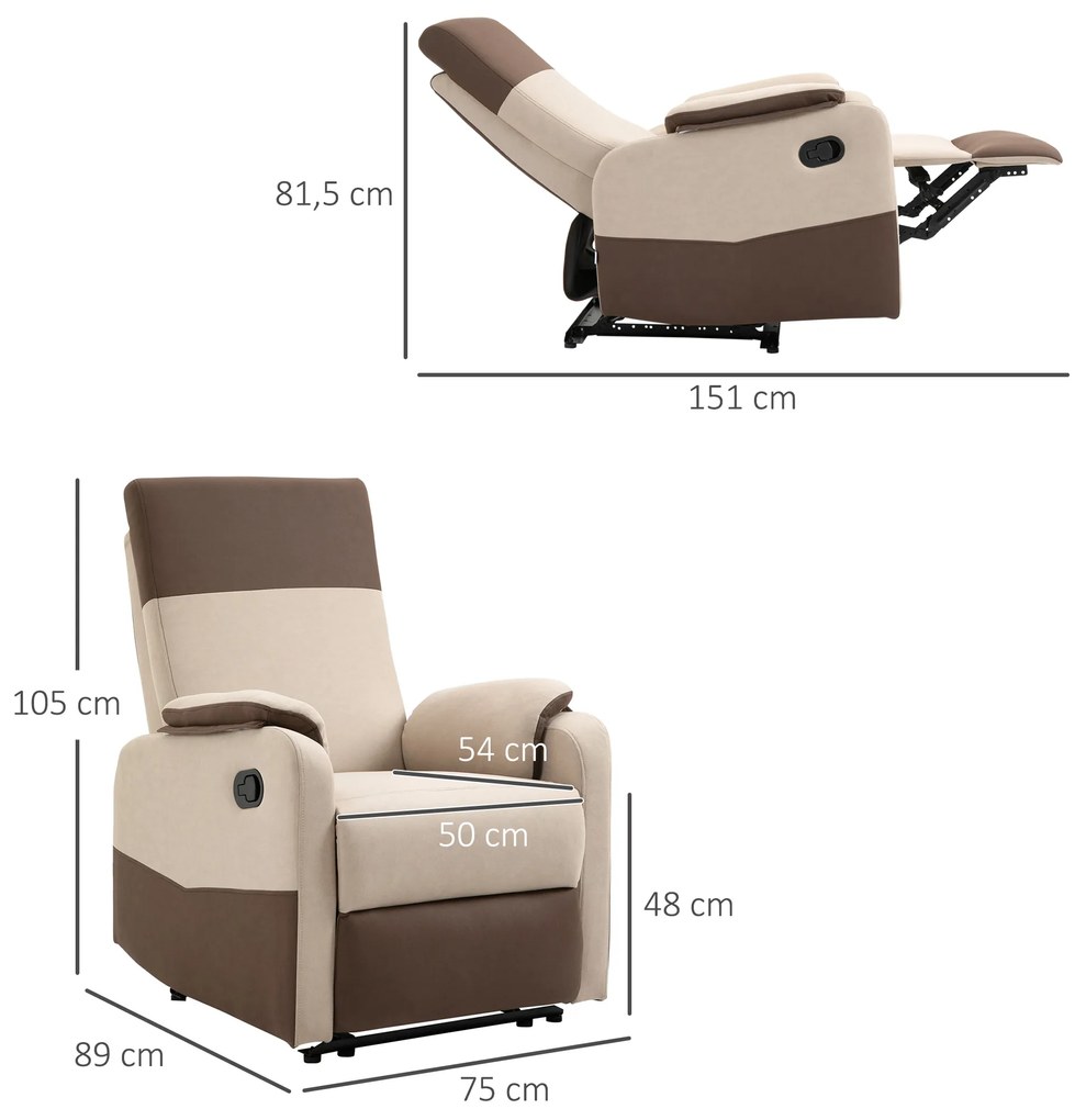 HOMCOM Poltrona Relax Reclinável até 145° Estofada em Poliéster com Apoio para os Pés Retrátil Carga Máxima 120kg para Sala de Estar Escritório Dormitório 75x89x105cm Marrom e Bege