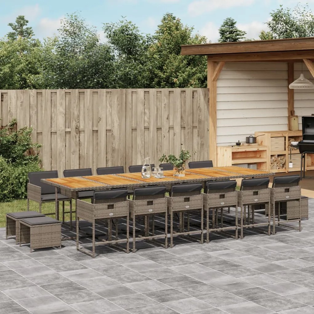 vidaXL 17 pcs conj. de jantar p/ jardim c/ almofadões vime PE cinzento