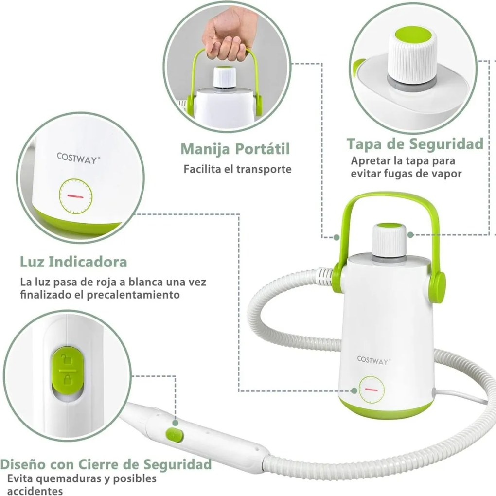 Máquina portátil de limpeza a vapor de 1000w com tanque de água de 300ml, mangueira estendida e vaporizador de roupas de cabo longo Branco