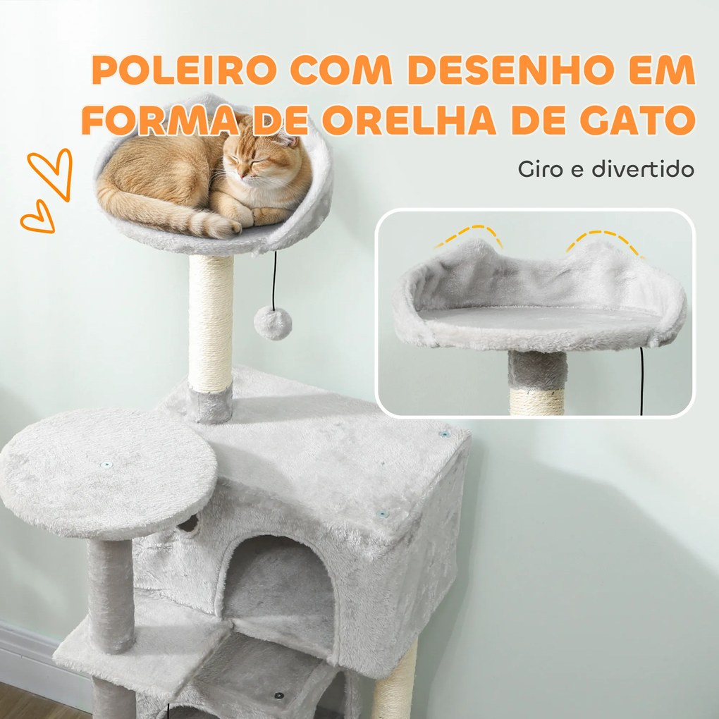 Arranhador para Gatos com Múltiplas Plataformas Cama 2 Cavernas Rede Escada Postes de Sisal 48x48x140 cm Cinzento Claro