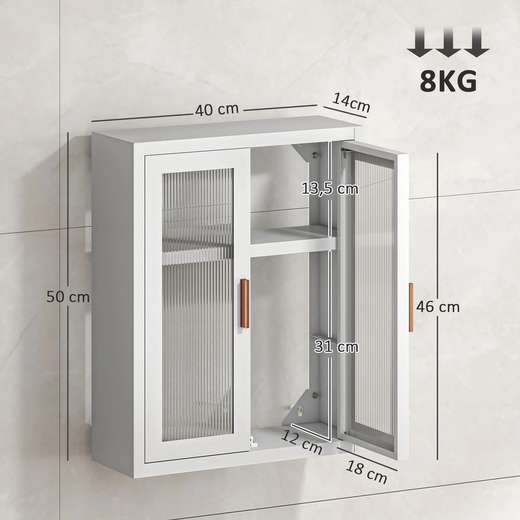 Armário de Casa de Banho de Parede com Portas de Acrílico Prateleira Ajustável Fecho Magnético 40x14x50 cm Branco