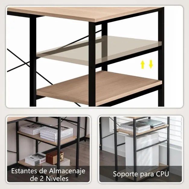 Secretária com prateleiras de armazenamento em forma de L Secretária de canto industrial em madeira 242 × 60 × 75 cm Natural