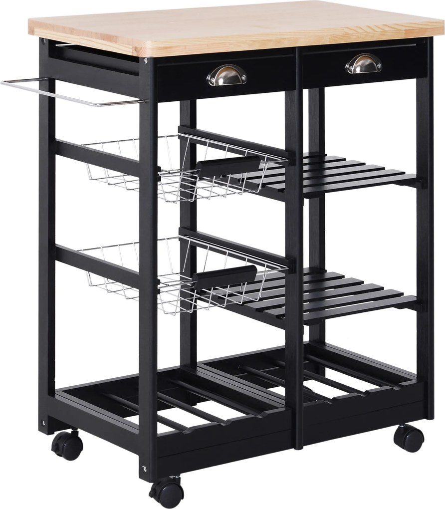 Carrinho de Cozinha com Rodinhas com Prateleira e Gaveta 74x37x76cm Preto