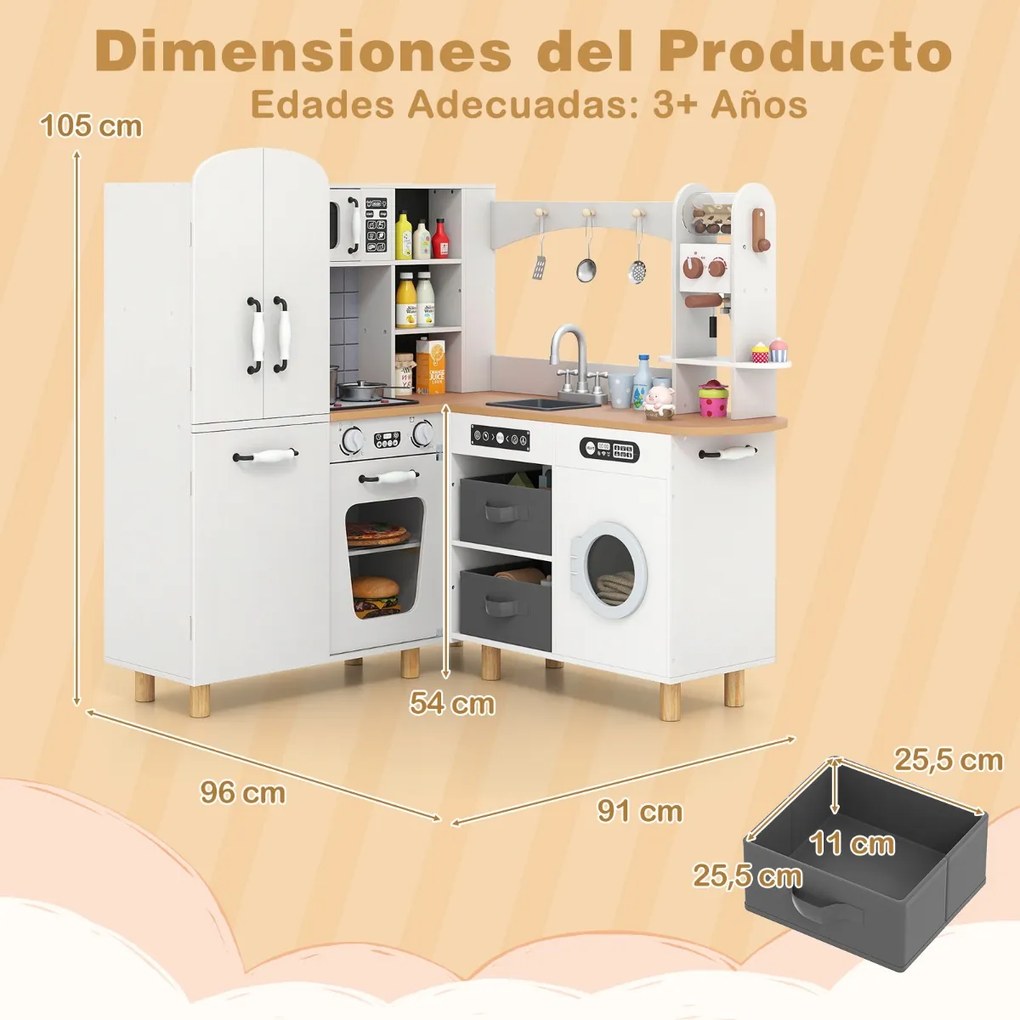 Cozinha de brincar de canto 96 × 91 × 105 cm em madeira com frigorífico de porta dupla, cafeteira, máquina de lavar roupa, 12 acessórios, luzes e sons