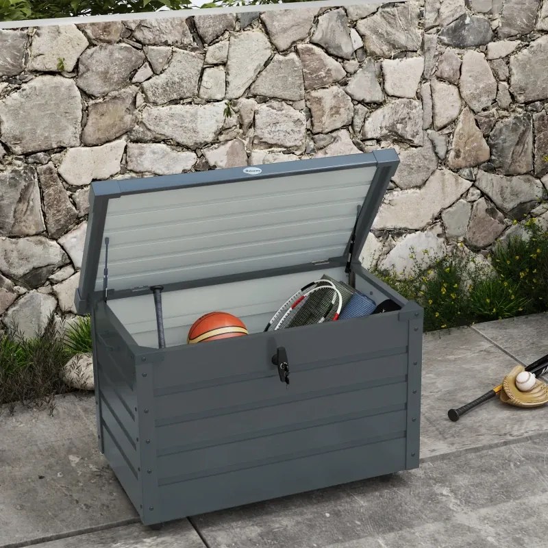 Baú de Exterior 295 L Baú de Armazenamento de Aço Galvanizado com 1 Fechadura para Jardim 100x62x65 cm Cinza Escuro