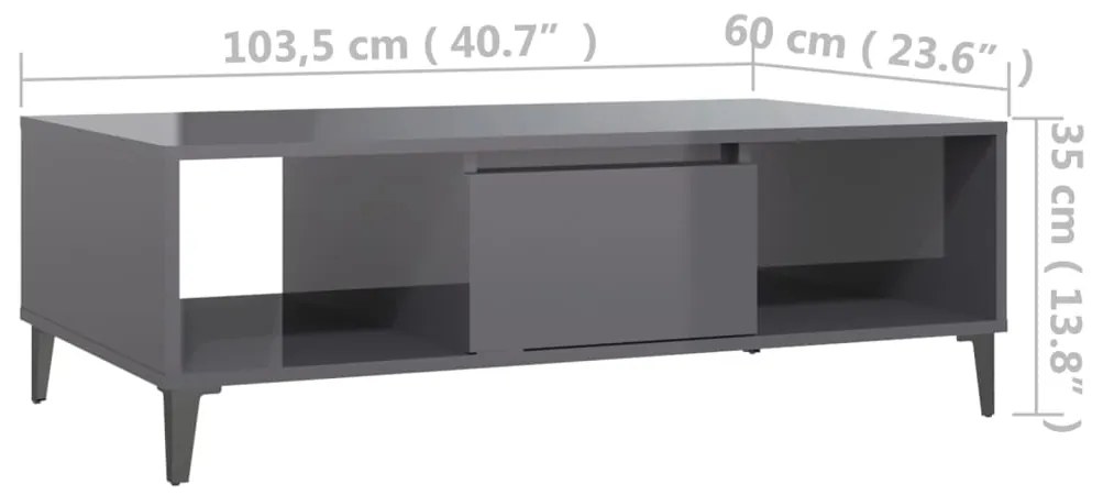 Mesa de centro 103,5x60x35 cm contraplacado cinzento brilhante