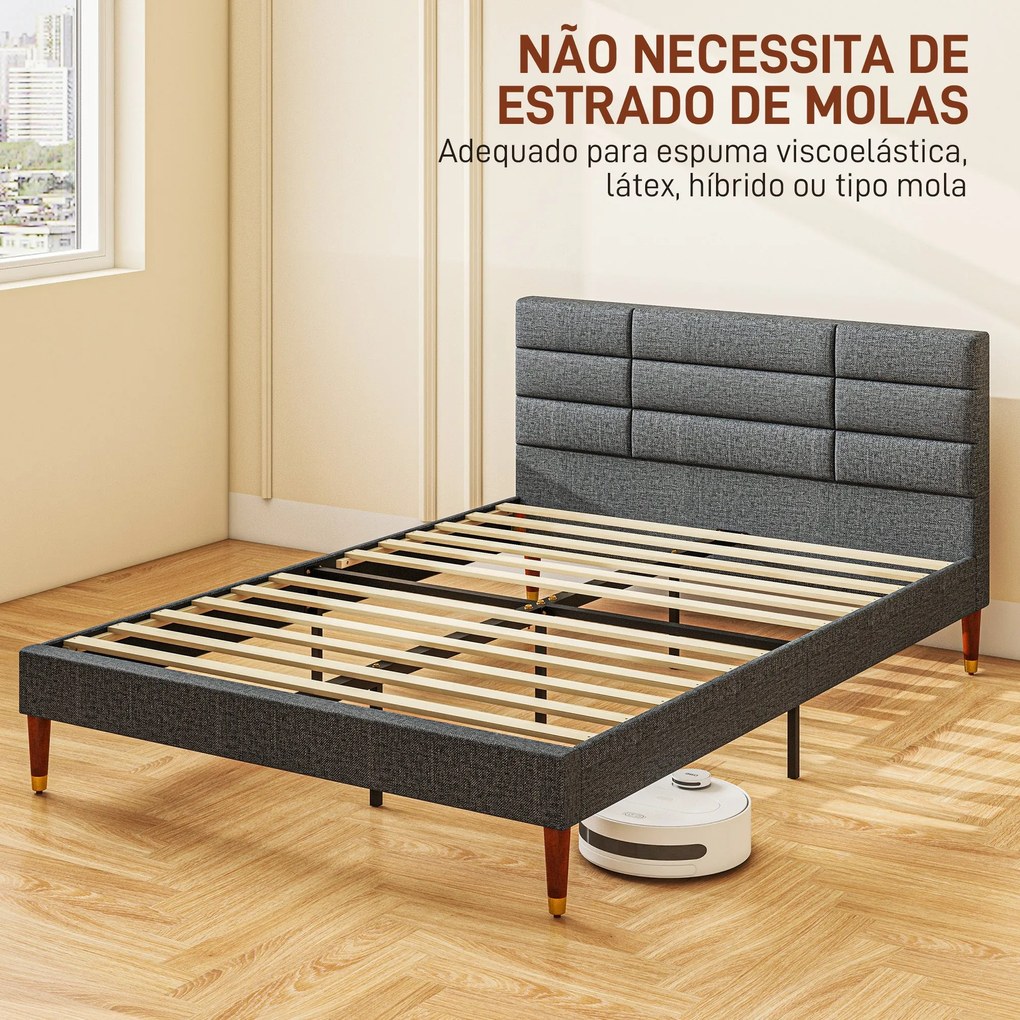 Cama 140x200 cm Estrutura de Cama com Cabeceira Estofada em Linho e Es