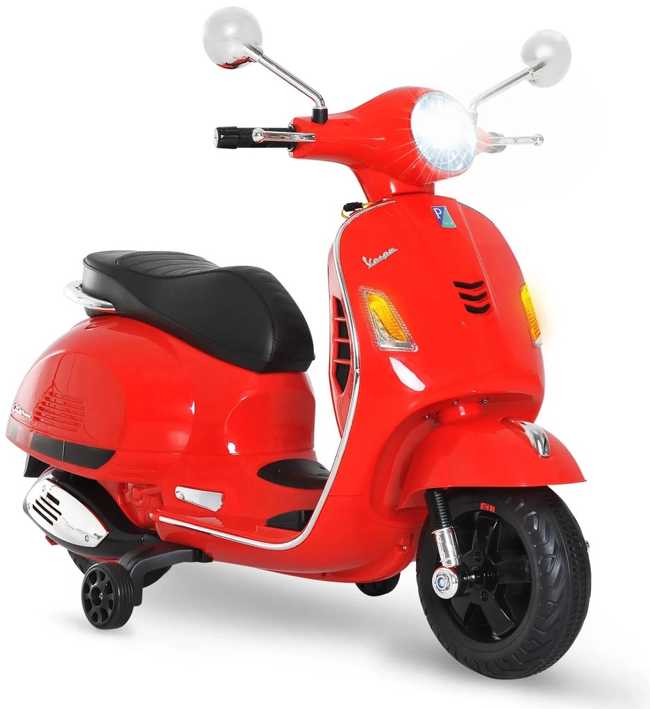 HOMCOM Mota Elétrica para Crianças com Licença Vespa com Música Velocidade 2-3 km/h e Buzina 102x50,5x75,5 cm Vermelha