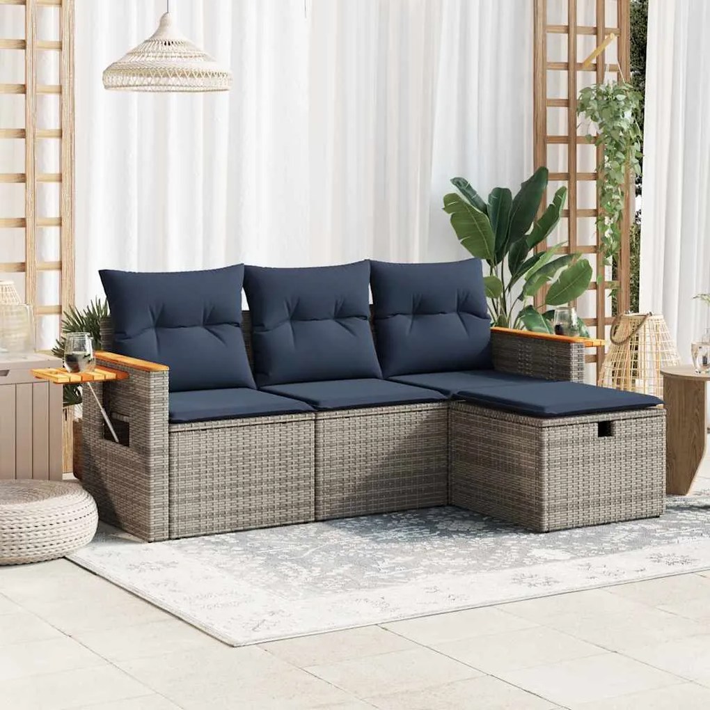 vidaXL 4 pcs conjunto sofás de jardim c/ almofadões vime PE cinzento