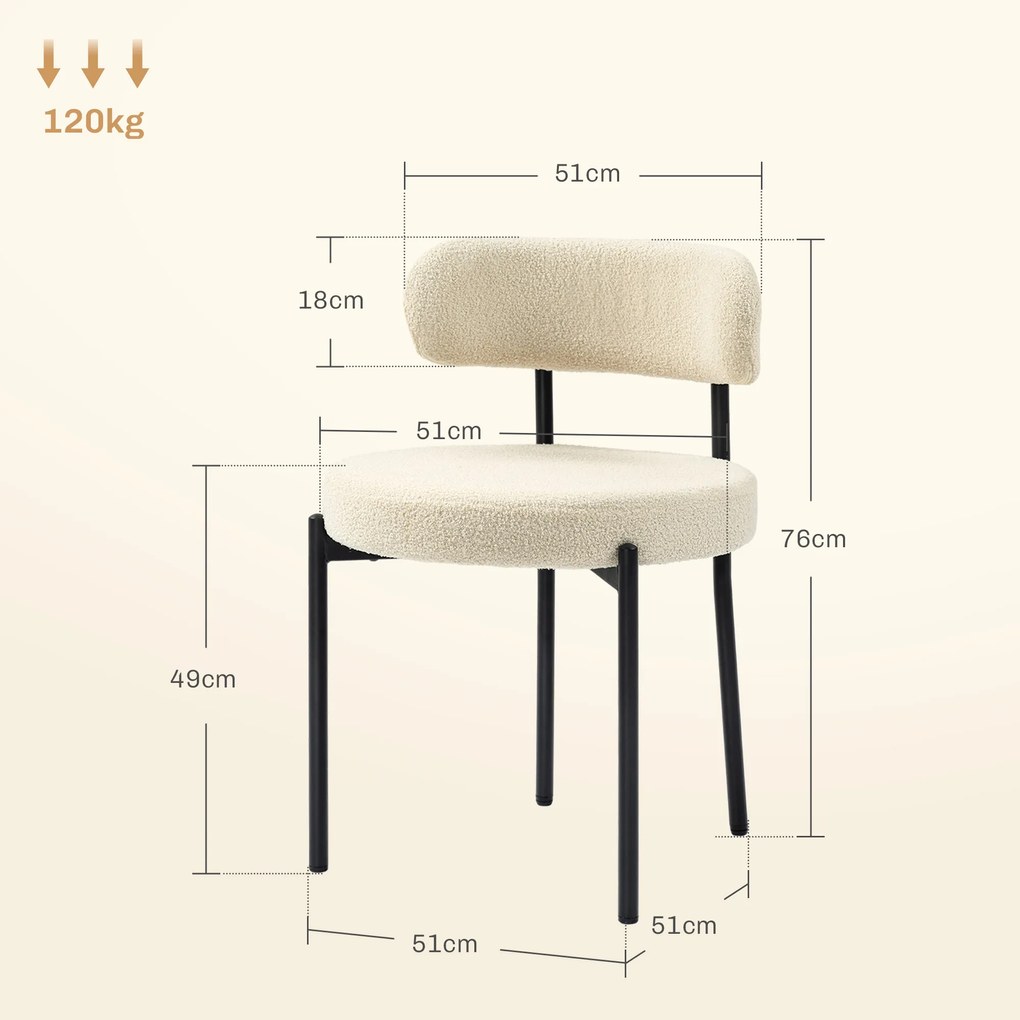 Conjunto de 2 cadeiras de sala de jantar com encosto em tecido e pés em aço, 51 x 51 x 76 cm, bege e preto