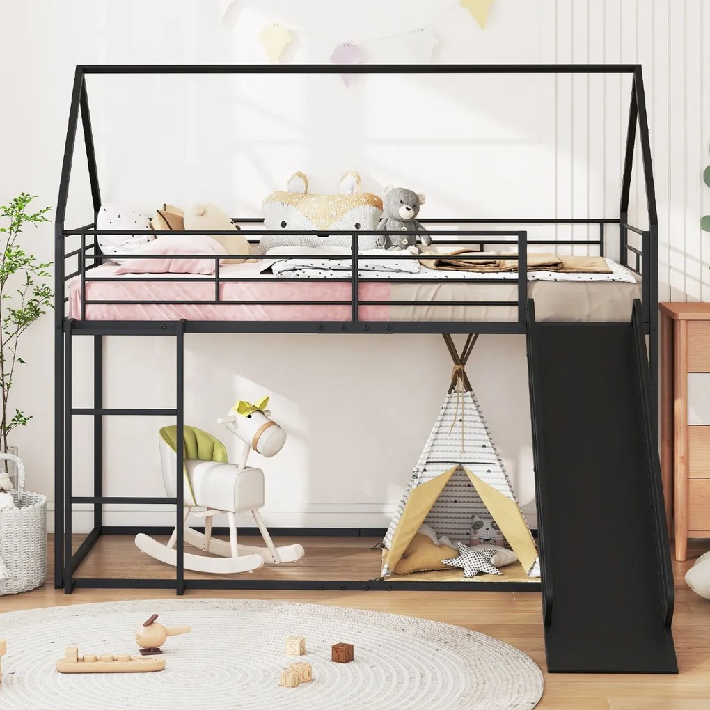 Cama Beliche Crianças 204 x 195 x 181,5 cm em forma de casa com escorrega (COLCHÃO E ACESSÓRIOS IMAGEM NÃO INCLUIDOS) com grade de segurança e escada
