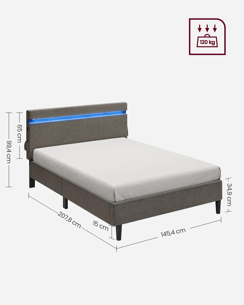 Cama de casal metálica 140 x 190 cm Iluminação LED com Portas USB e TYPE-C cinzento escuro