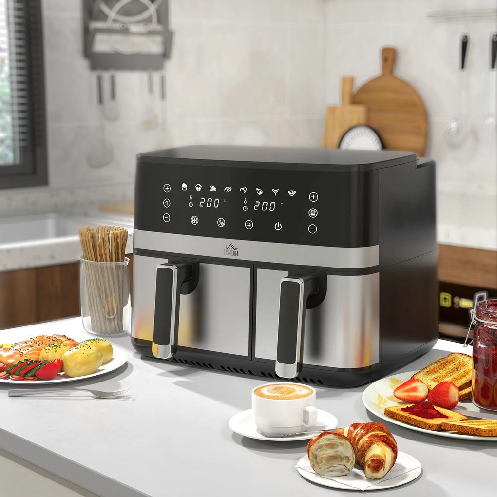 Fritadeira de ar quente sem óleo, Air Fryer, compartimento duplo de 8,5 L, 2700 W – 8 programas, temperatura regulável, temporizador preto