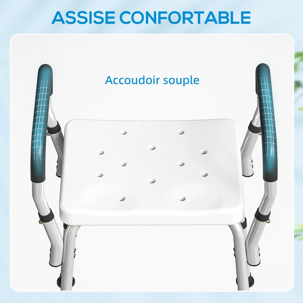 Banco de duche para idosos e pessoas com deficiência 52 (L) x 45 (P) x 57-69 (A) cm, com apoios de braços, altura ajustável, patins antiderrapantes, b