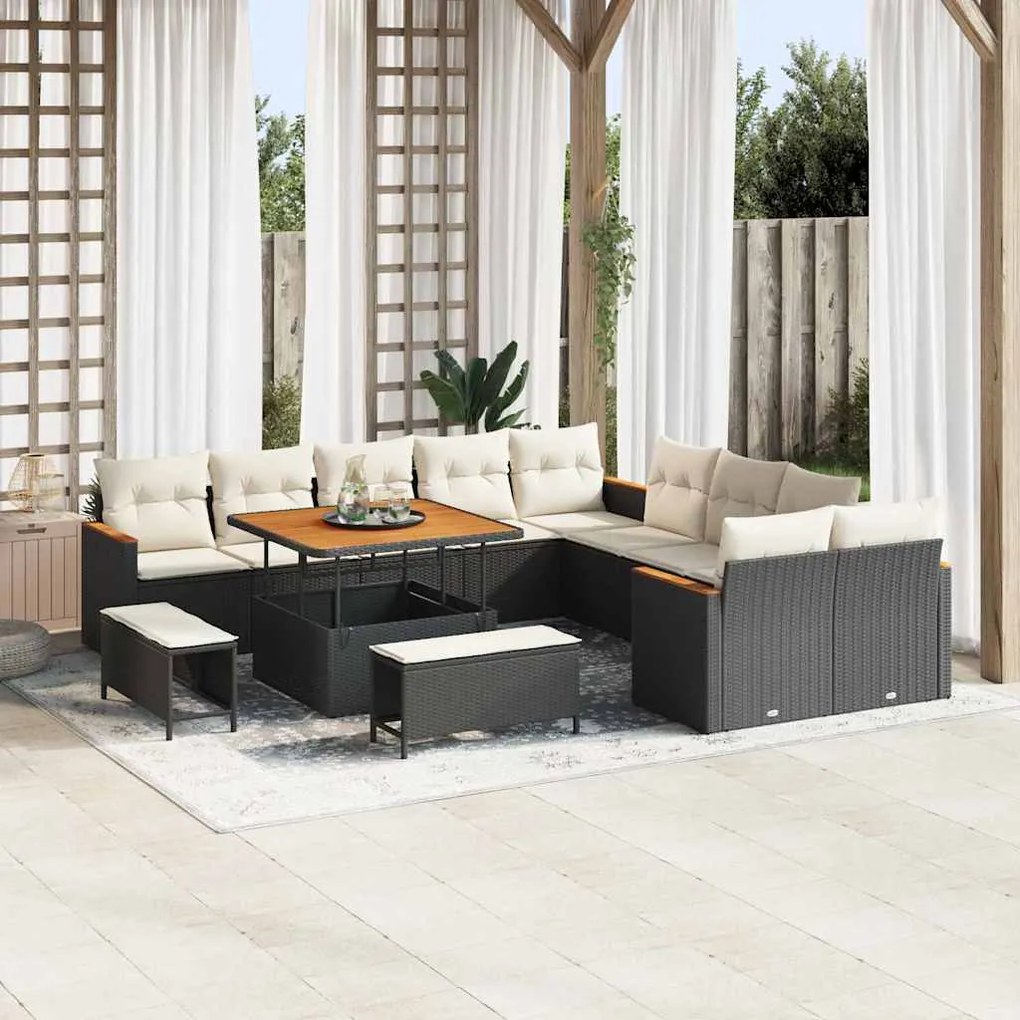 vidaXL Conjunto de Sofá de Jardim com 13 peças, almofadas pretas, feito de rattan e polipropileno com acácia.