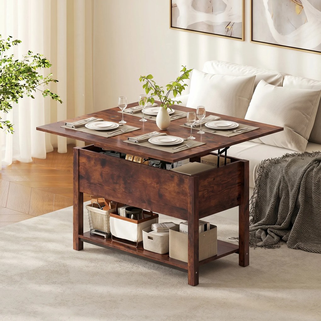 Mesa de Centro Elevável e Extensível, 100 x 90 x 63,5 cm, Tampo Duplo Ajustável, Castanho Rústico