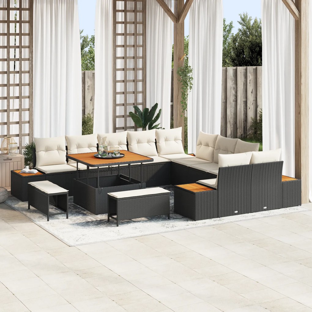 Conjunto de Sofá de Jardim vidaXL com Almofadas Preto Rattan Poli Acác
