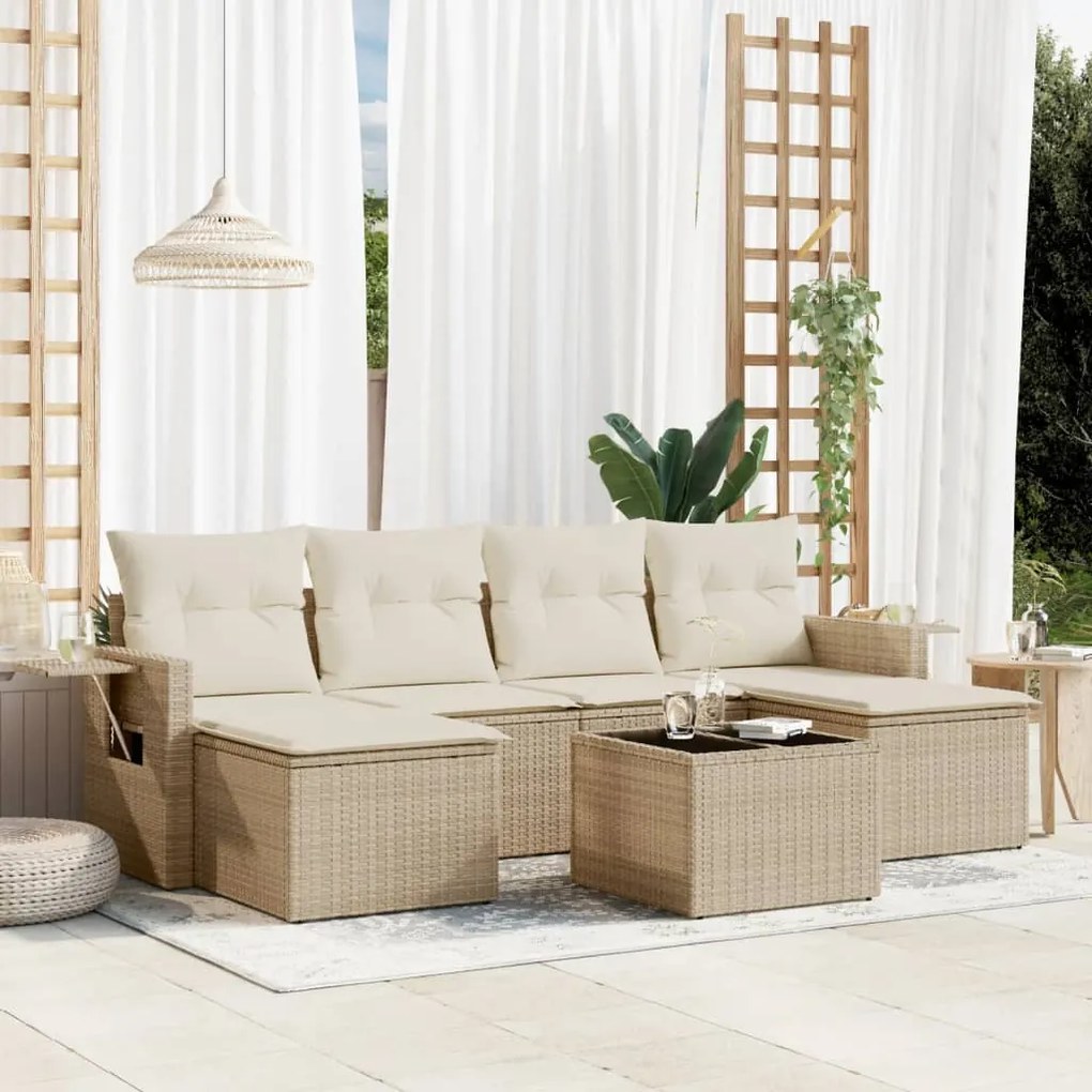 7 pcs conjunto de sofás p/ jardim com almofadões vime PE bege