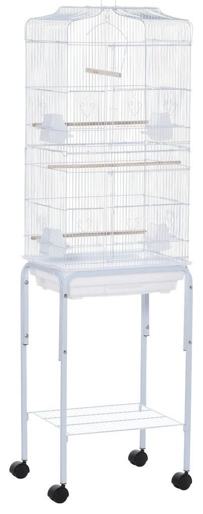 PawHut Gaiola para Passáros com Suporte  com 4 Rodas Portas 4 Comedouros 3 Poleiros e Bandeja Removível 46,5x36x157cm Branco | Aosom Portugal