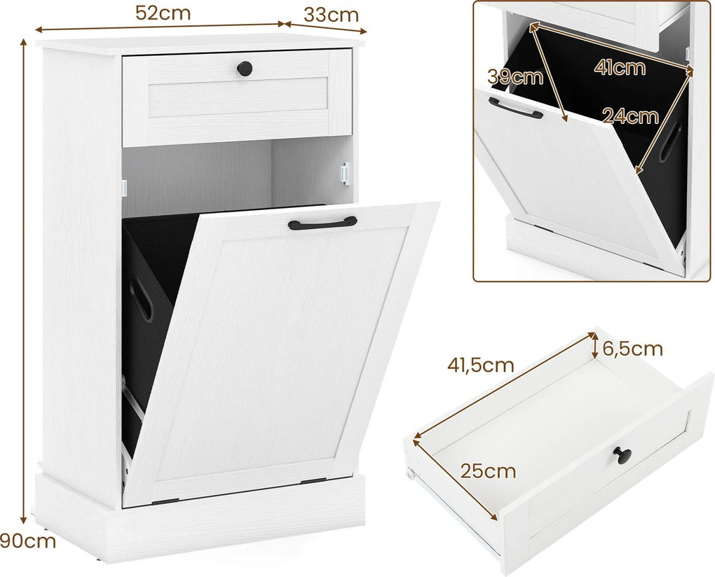 Armário para Roupa Suja, 52 x 33 x 90 cm, Saco Interior Removível, Branco