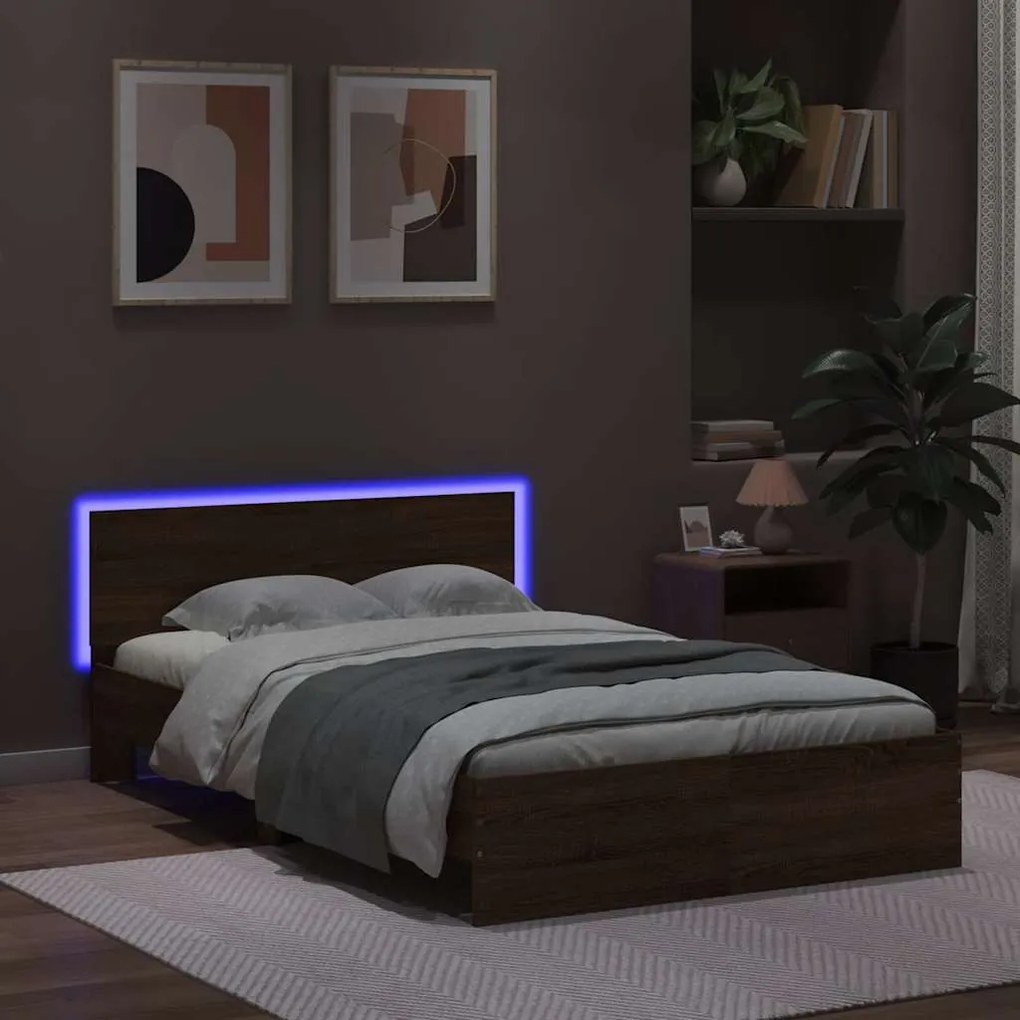 Estrutura cama cabeceira/luzes LED 140x200 cm carvalho castanho