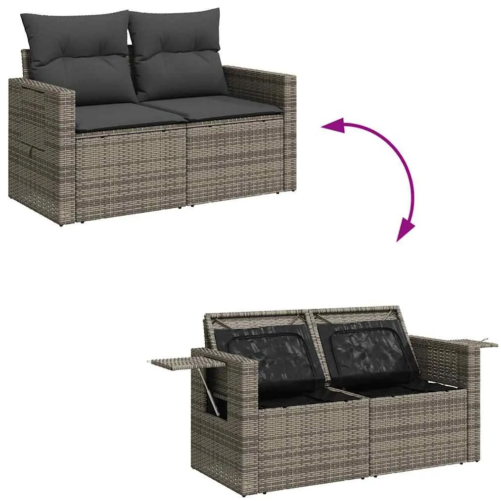 7 pcs conjunto sofás p/ jardim c/ almofadões vime PE cinzento