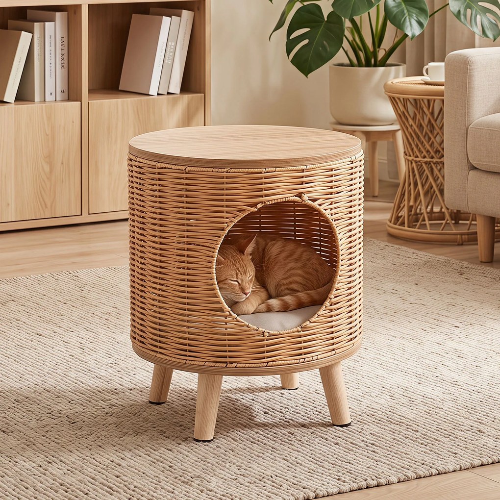 Casa para Gatos, 36 x 36 x 41 cm, Mesa de Apoio e Cama, Natural