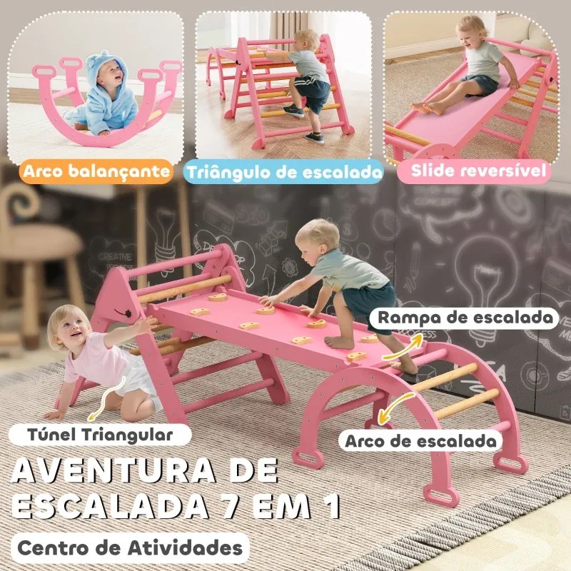 Triângulo de Escalada 7 em 1 com Arco e Rampa Escalada para Crianças de Madeira Dobrável para 18-48 Meses 188x70 cm Rosa