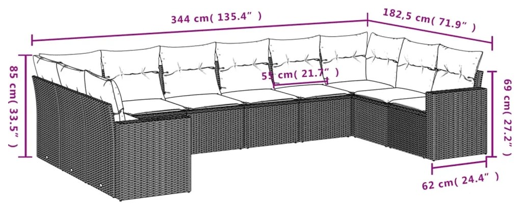 10 pcs conjunto sofás de jardim c/ almofadões vime PE cinzento