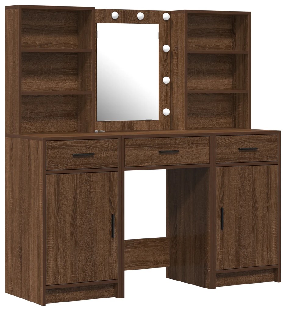 Conjunto de Mesa de Maquiagem 3 Peças MDF Madeira Envelhecida