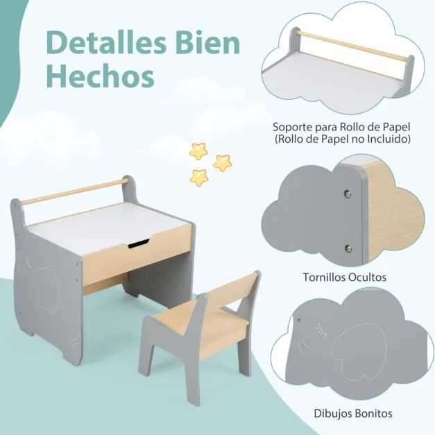 Conjunto de mesa e cadeira infantil de madeira 2 em 1 para crianças com tabuleiro removível, cinzento