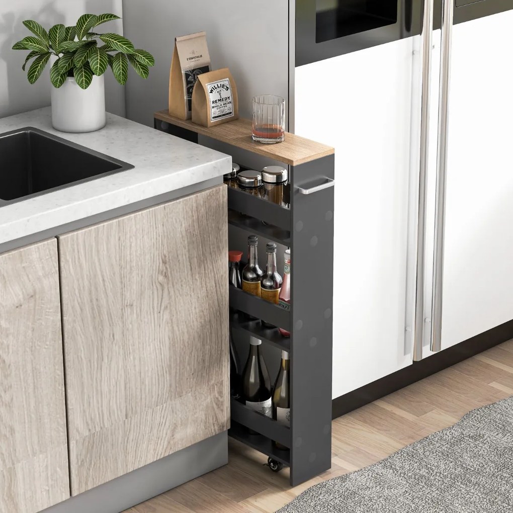 Carrinho de cozinha estreito 47,5 x 20 x 80,5 cm de 4 níveis com rodas com pega e estantes abertas para espaços pequenos Cinzento