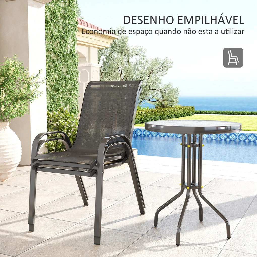 Conjunto de Mesa e Cadeiras de Jardim de 3 Peças Móveis de Jardim com Cadeiras Empilháveis e Bancada de Vidro Preto
