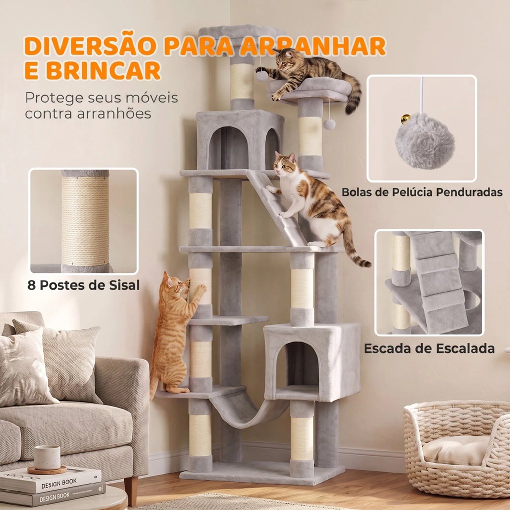 Arranhador para Gatos 204 cm Multinível com 2 Tocas Rede 2 Camas Postes de Sisal e Escada Cinza Claro