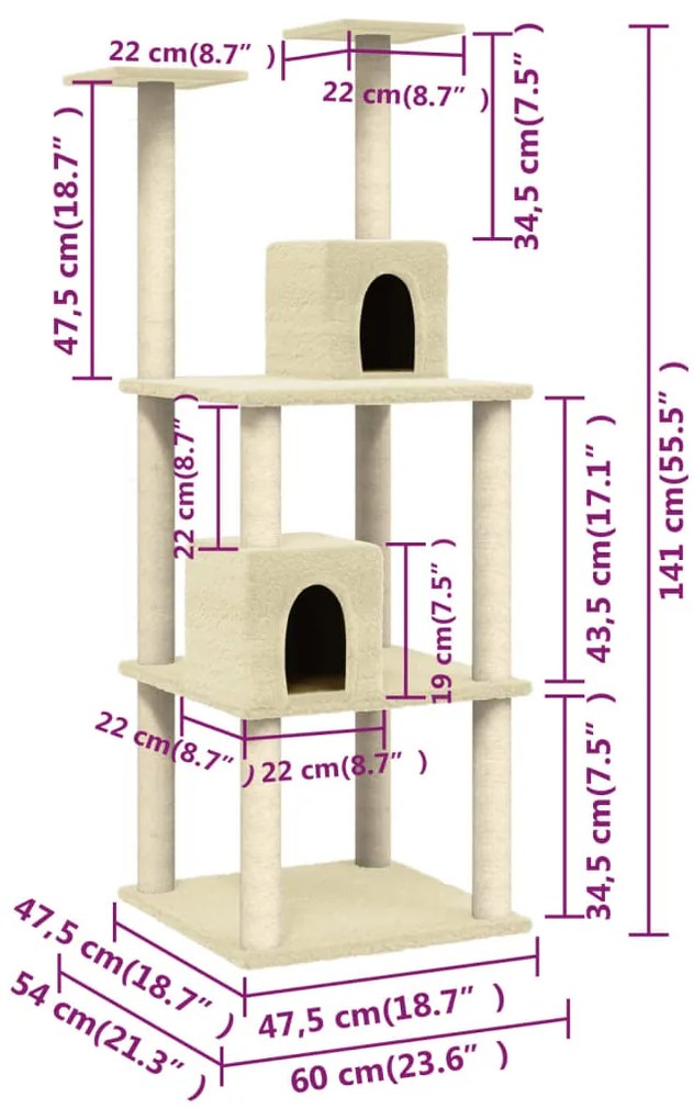 Árvore para gatos c/ postes arranhadores sisal 141 cm cor creme