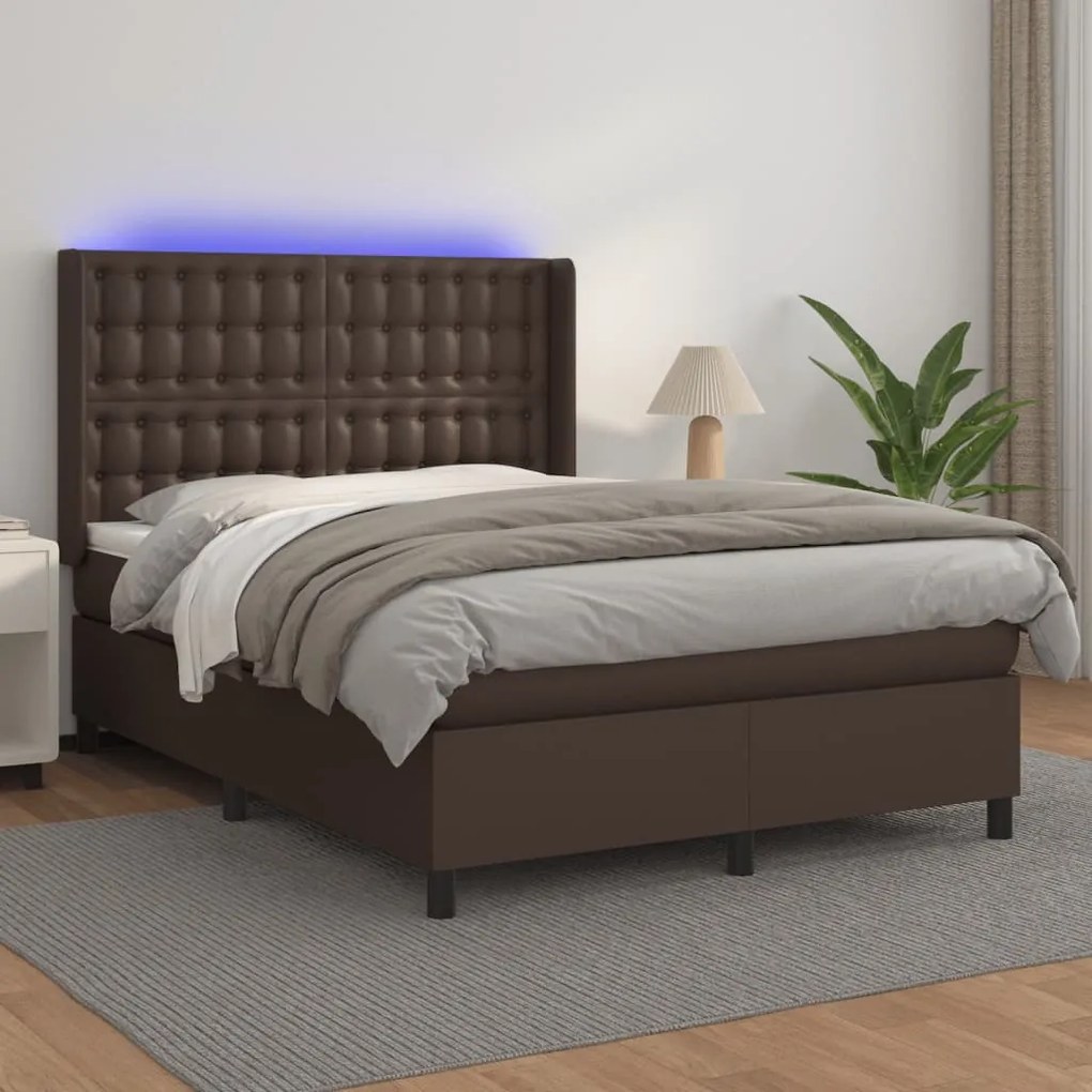 vidaXL Cama box spring c/ colchão/LED 140x190 cm couro artif. castanho