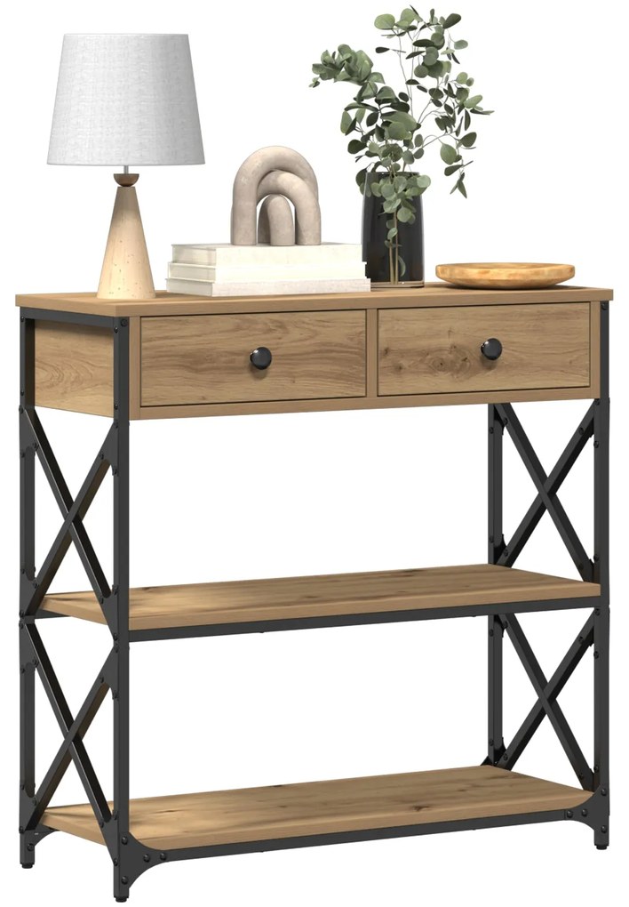 Mesa de Console vidaXL Carvalho Artesanal 75x28x75 cm Madeira e Aço