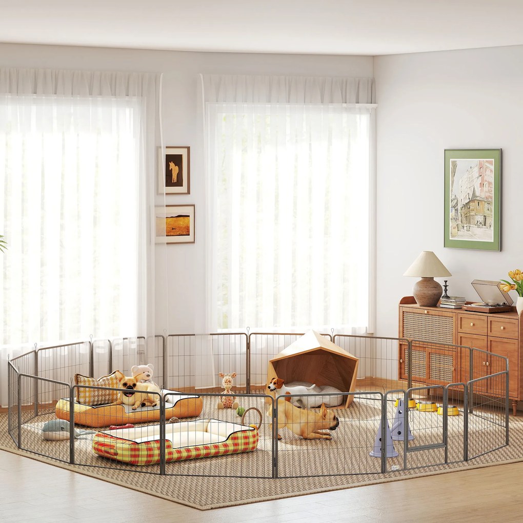Parque para cães, recinto para cães com 16 painéis modulares e dobráveis, portátil, em aço, com portas de 80 x 60, cinzento
