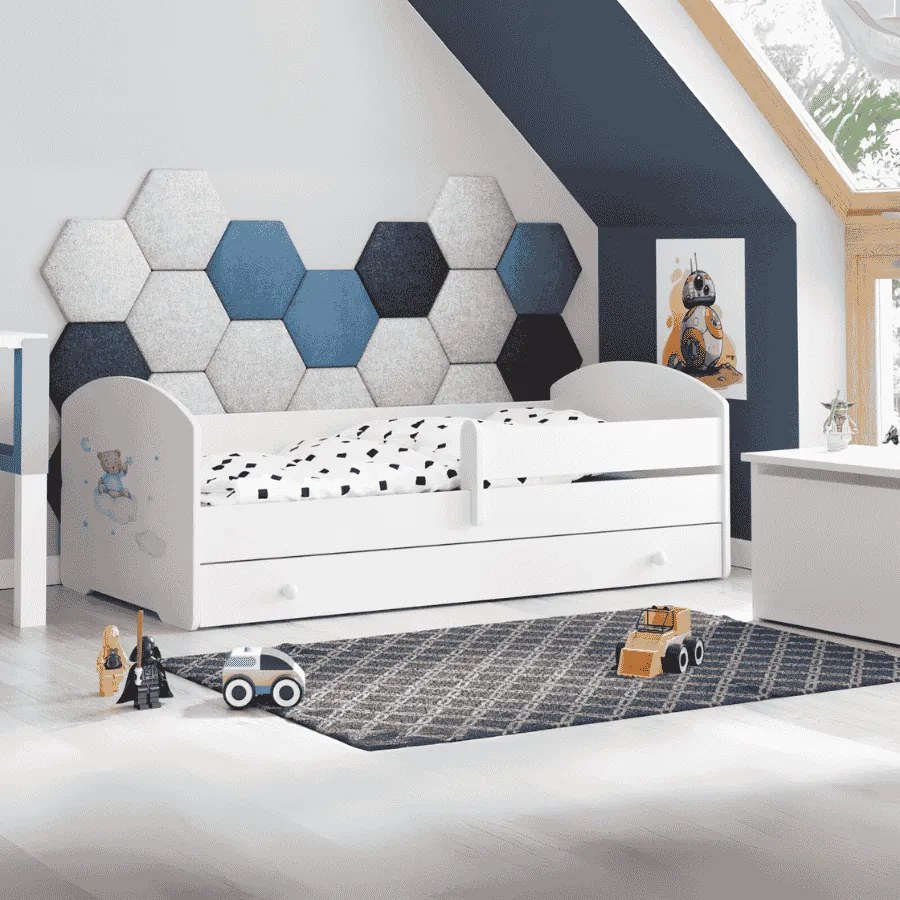 Cama infantil branca LUK ursinho azul 140x70 com gaveta - colchão e estrado incluído