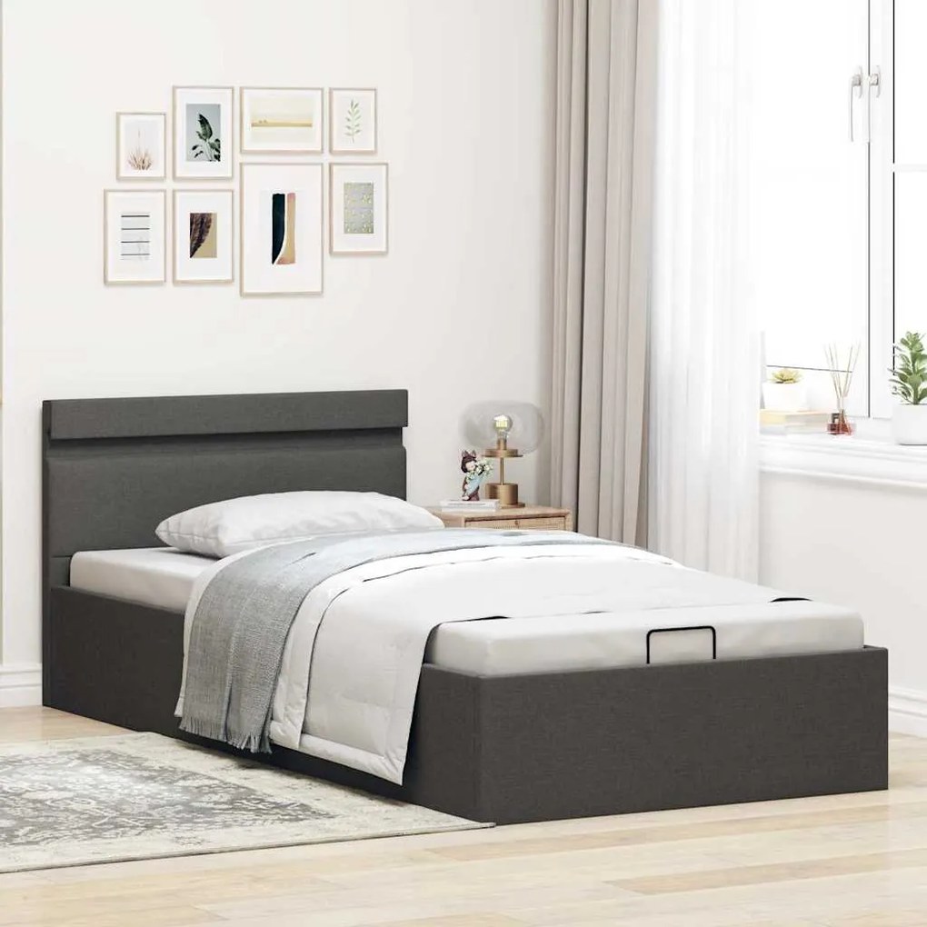 Cama hidráulica c/ arrumação LED 100x200cm tecido cinza-escuro