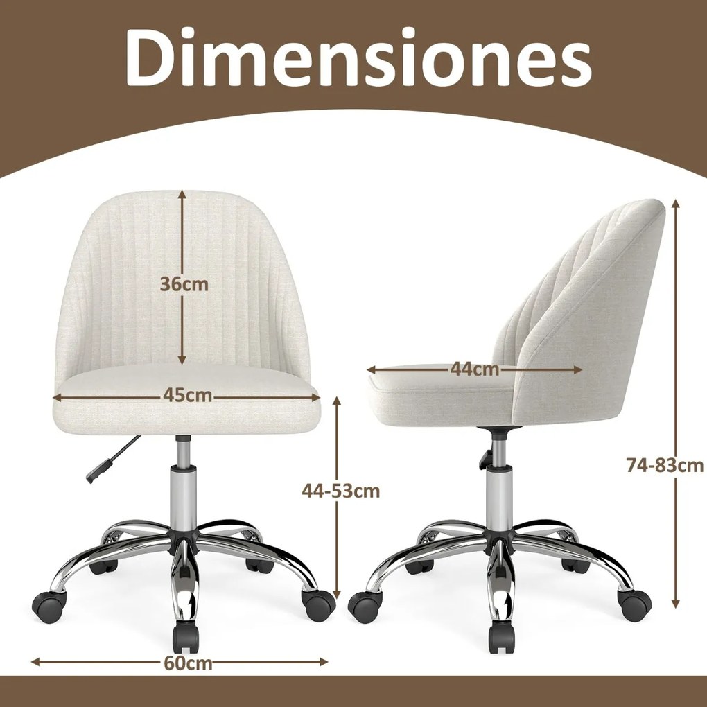 Cadeira de escritório moderna sem braços giratória, com encosto curvo e assento estofado com altura ajustável, bege