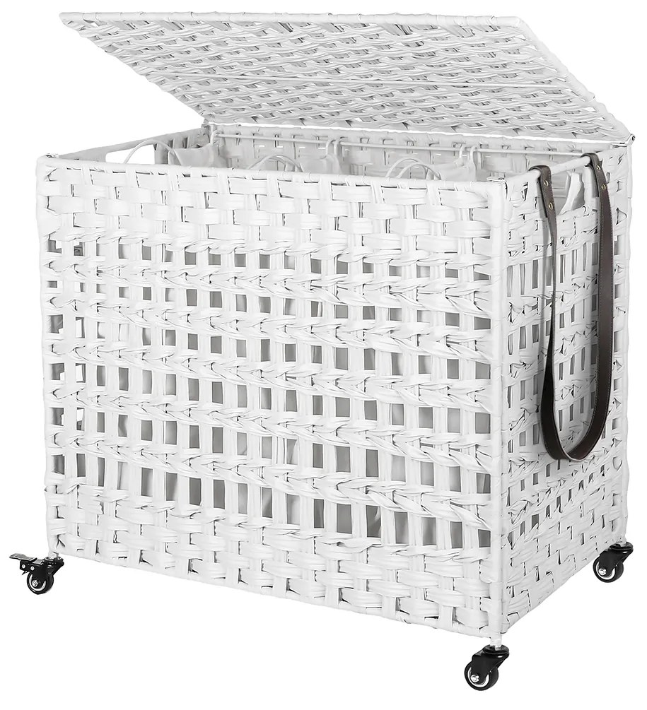 Cesto de roupa suja SONGMICS feito à mão com tampa, cesto de roupa suja estilo rattan com 3 compartimentos separados, alças, forros removíveis, para sala de estar, banheiro, lavanderia, branco LCB083W01